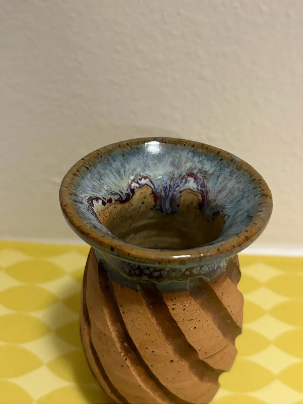Handcrafted Studio 4.5” Pottery Bud Vase Carved Spiral Pattern Drip Glaze Rim